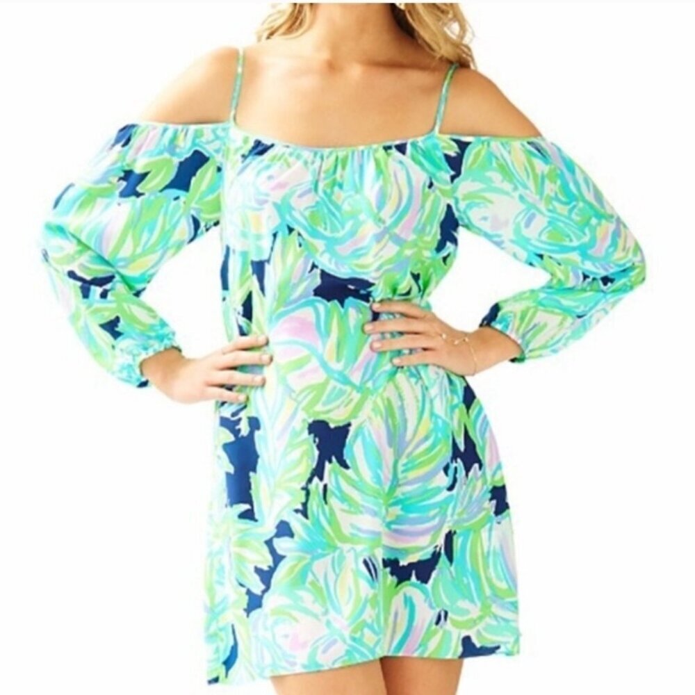 Lilly Pulitzer Candice Silk Cold Shoulder Resort Navy Mini Dress Size Small